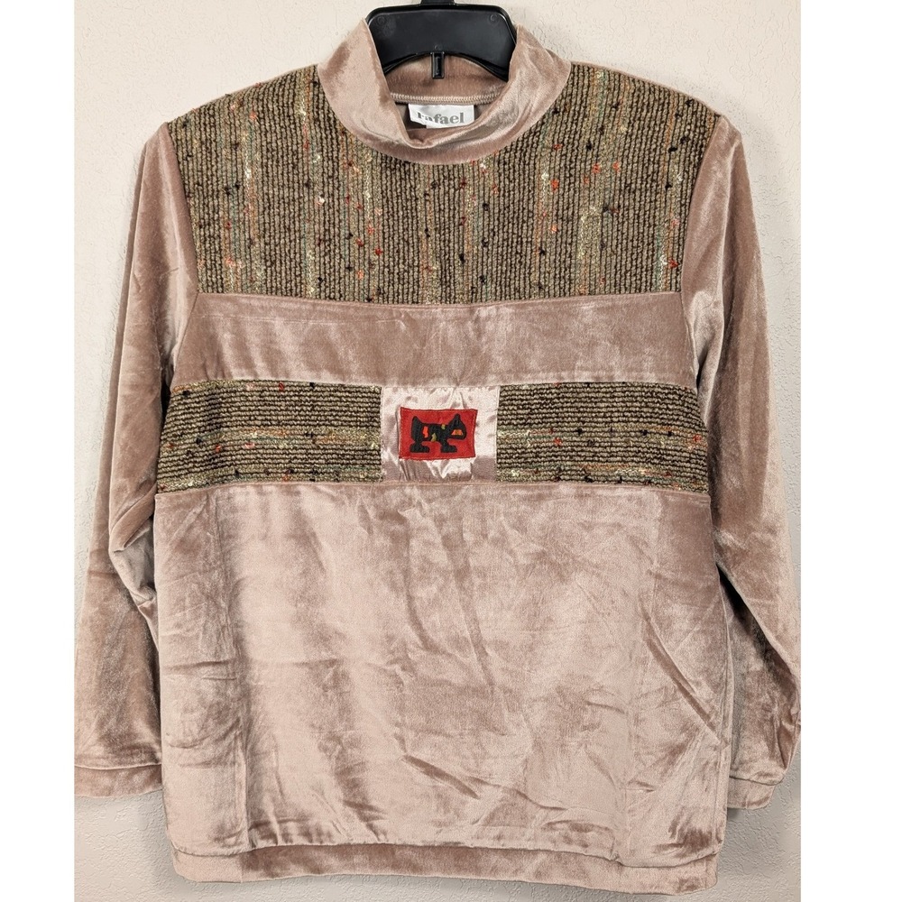 Rafael‎ 90s Retro Velvet Pullover Top Womens Small Embroidered Mock Neck Vintage